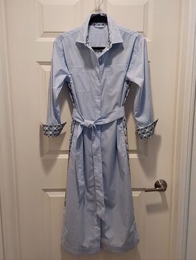 JMcLaughlin Striped Blue Shirt Dress with Printed Trim